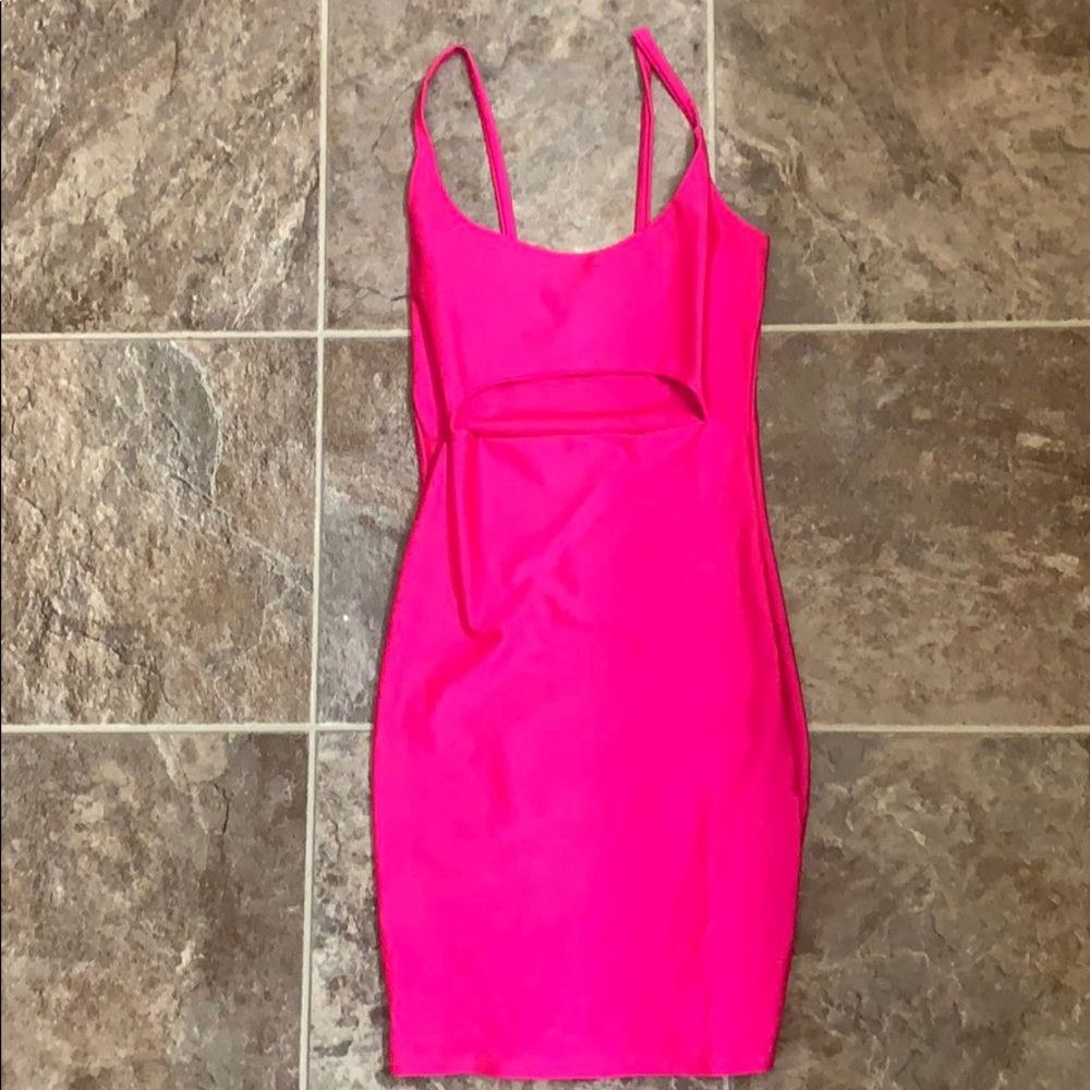 Hot pink dress.
